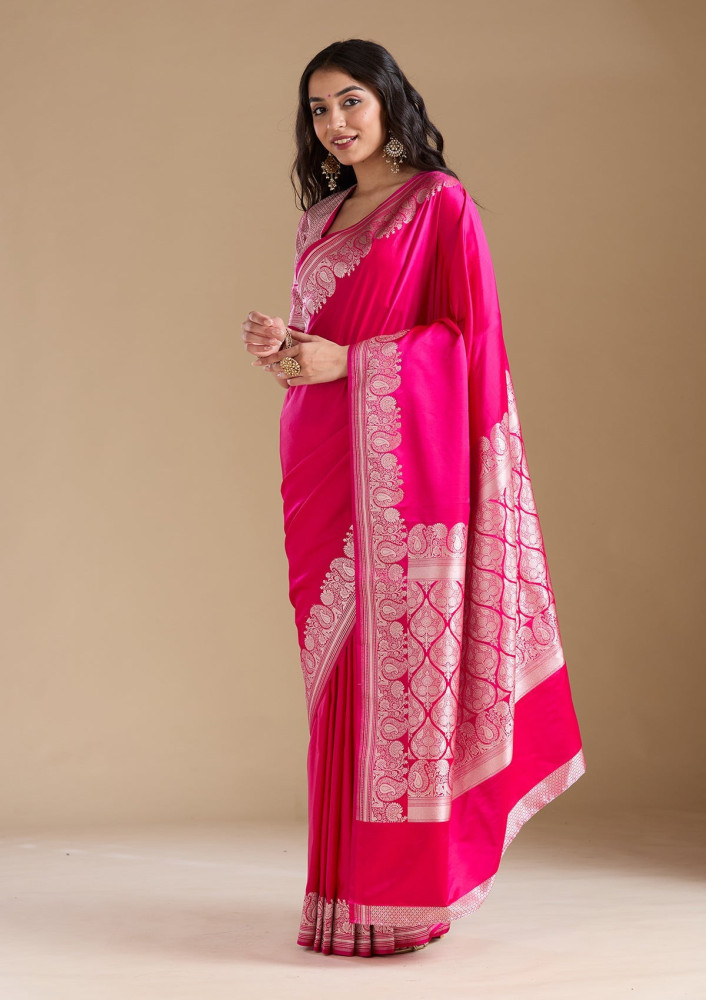 Rani Pink Zariwork (Gold) Banarasi Silk Saree