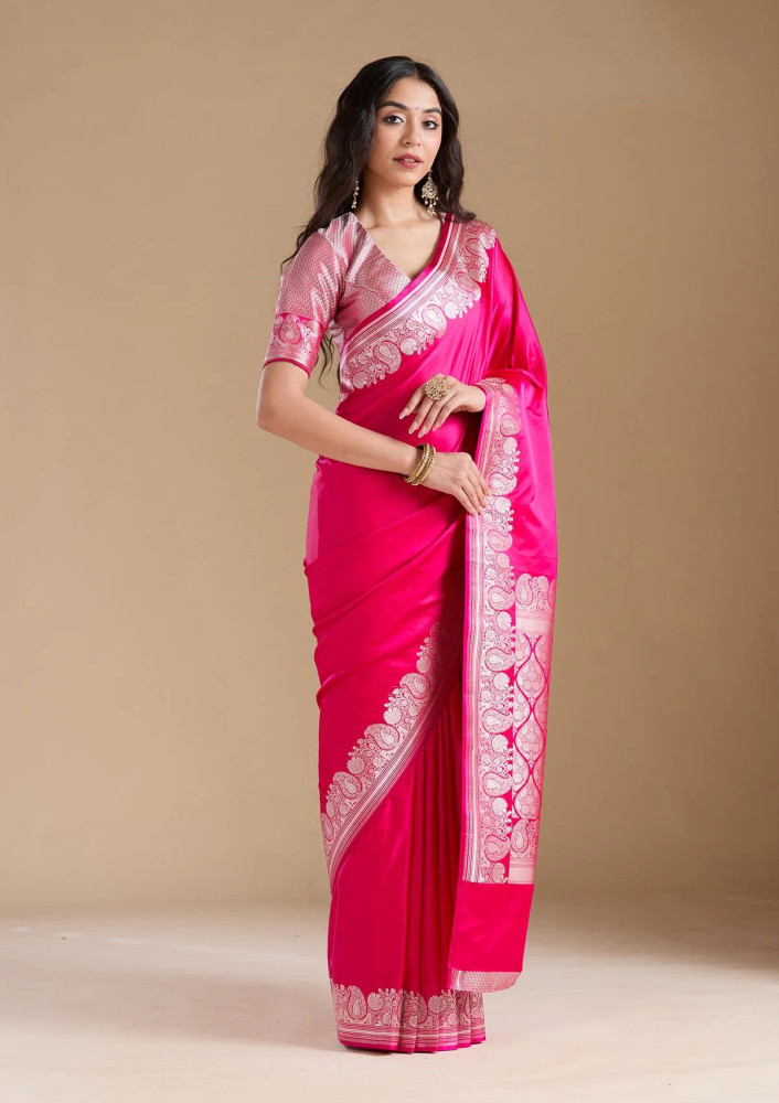 Rani Pink Zariwork (Gold) Banarasi Silk Saree