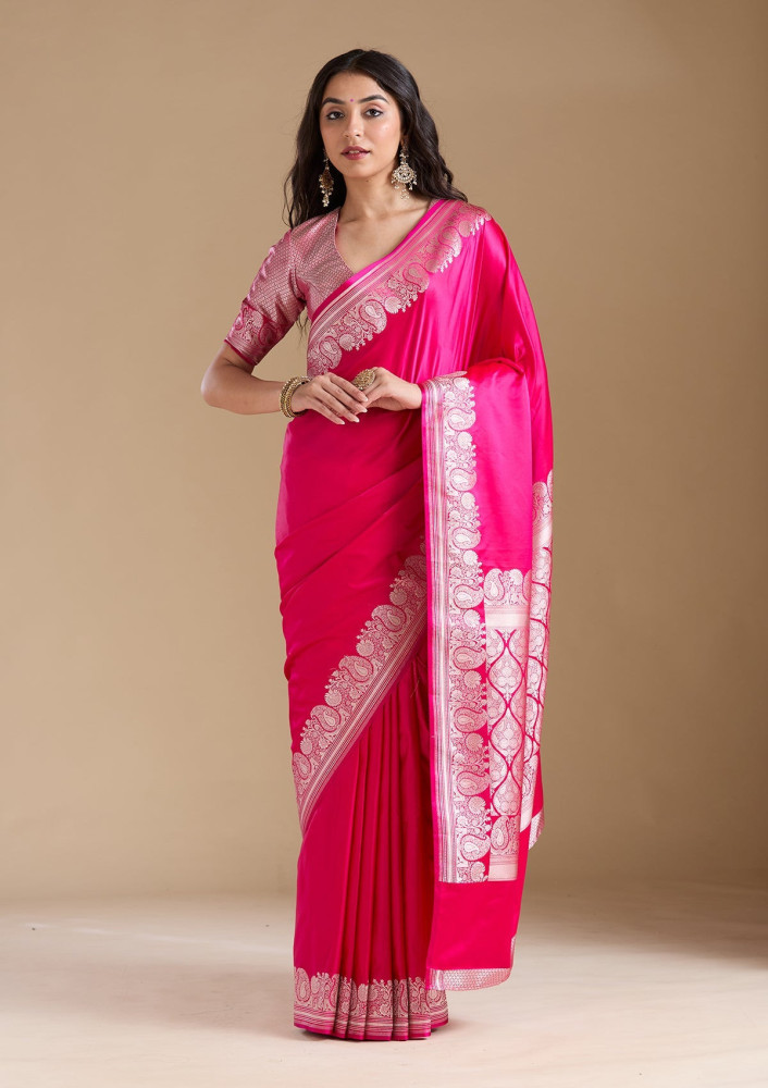 Rani Pink Zariwork (Gold) Banarasi Silk Saree