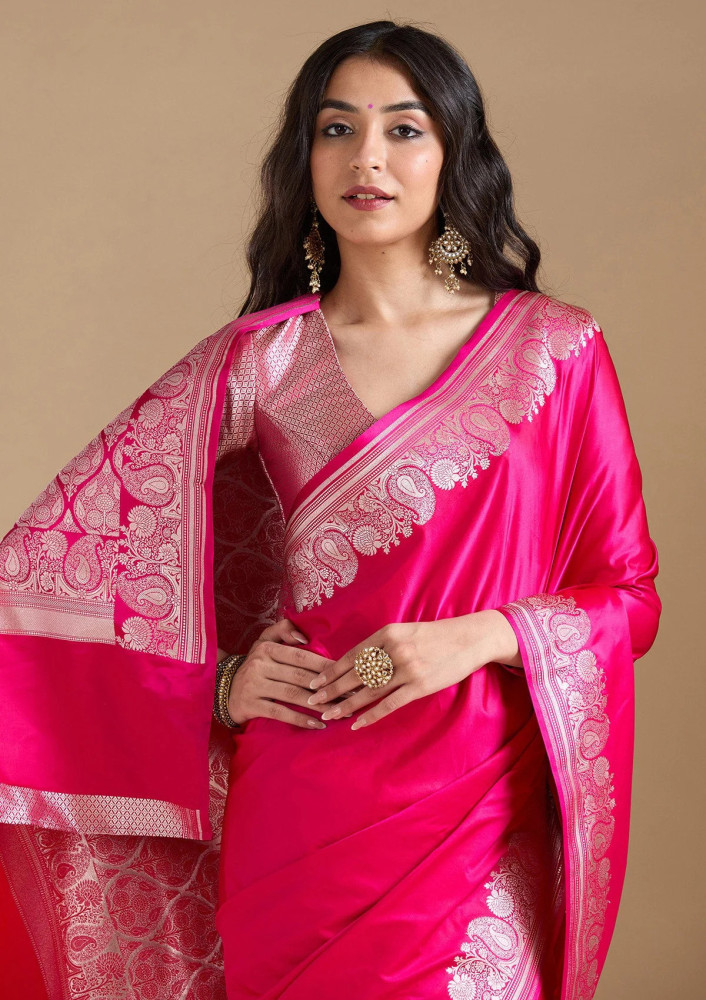 Rani Pink Zariwork (Gold) Banarasi Silk Saree