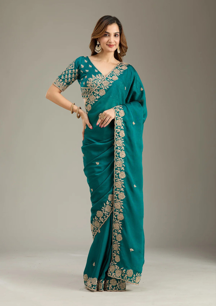 Teal Green Cording Georgette Saree