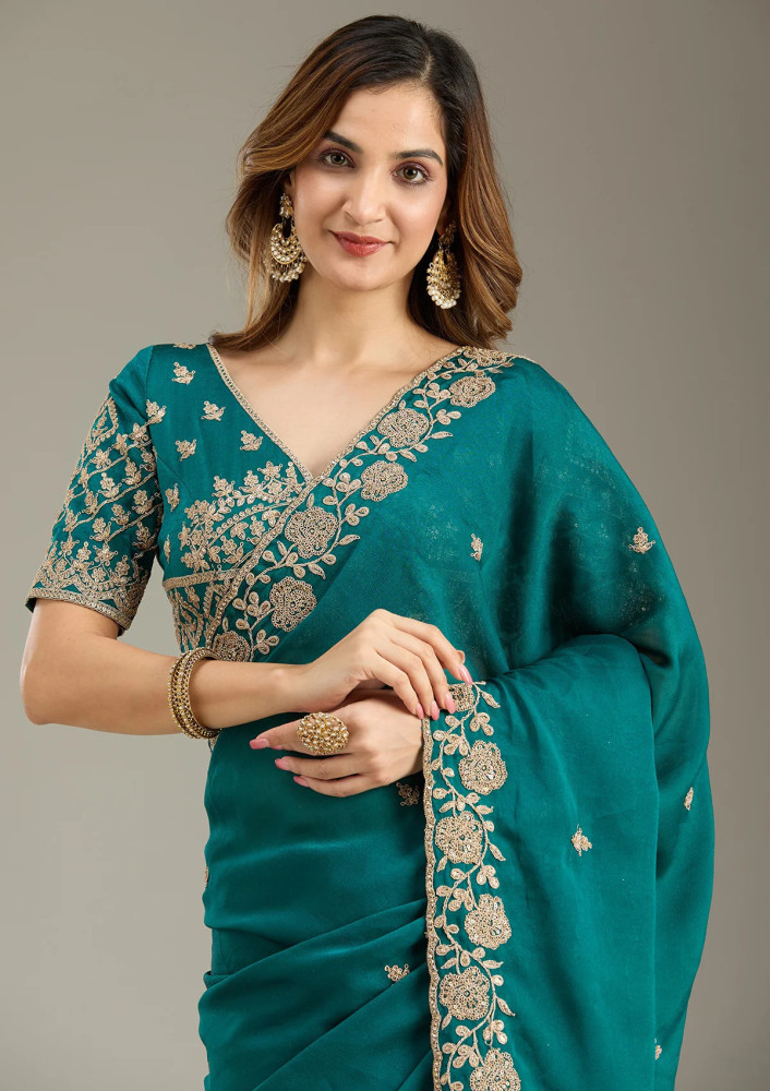 Teal Green Cording Georgette Saree