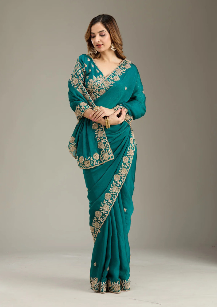 Teal Green Cording Georgette Saree